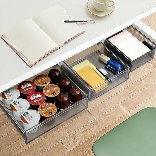 Under Desk Drawer Set of 3, Slide-Out Under Desk Storage Drawers (Large/Medium/Small), Thick Rigid PET Material, Suitable for Home Office, Desk, or Coffee Table