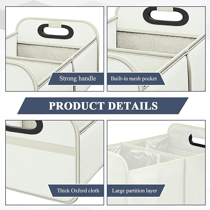 Car Trunk Organizer, Foldable Car Trunk Storage Box with 2 Compartments & Mesh Pocket, Large Capacity, Portable with Handle, Collapsible Backseat Storage Organizer for SUV Truck Sedan (White)