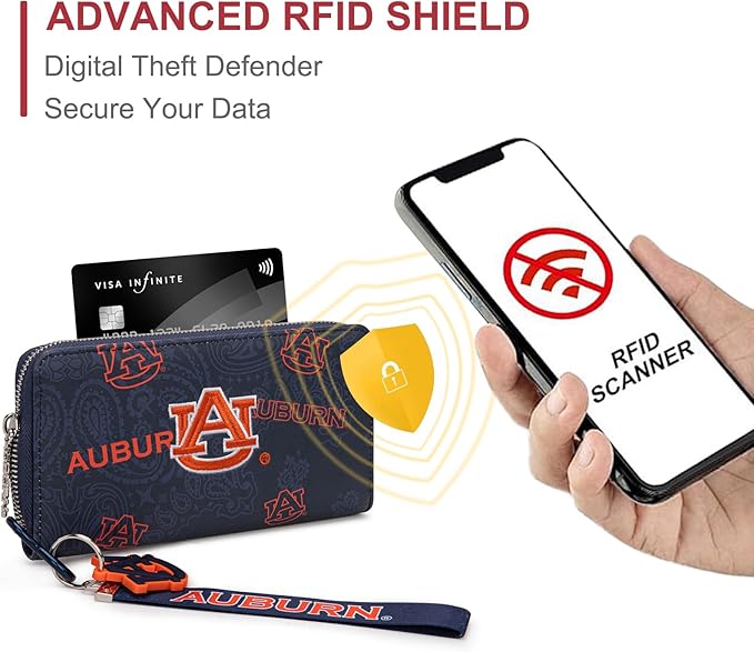 Auburn Wristlet Wallet for Women, Auburn Official Licensed Purse with RFID Blocking Card Slot, Clutch Wallet for Gift, Game Day & Concert (Size: 7" x 1" x 4) | Navy, NC-AU011NY