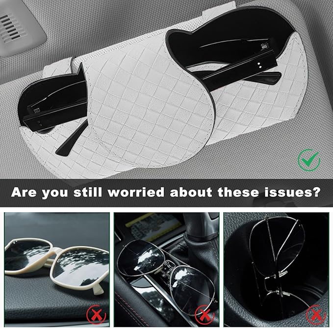 Sunglasses Holder for Car Visor, Auto Soft Leather Glasses Case with Magnetic Clips, Car Sun Visor Eyeglasses Holder Protective Box, Universal Interior Car Accessories (White)