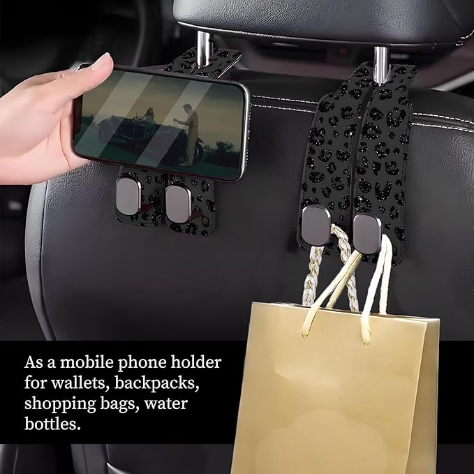 Car Seat Headrest Hook, Universal Leather Cute Hanger Holder Hook, Storage Organizer Interior Accessories for Purse Bags Handbag Luxury Black Leopard