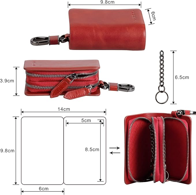 VISOUL Car Key Case Holder Double Zipper, Leather Car Smart Key Fob Case with Keychain for Men and Women