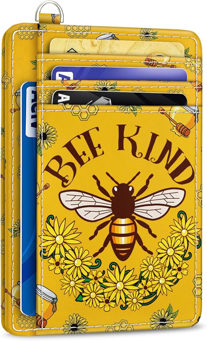 Yonlevres Credit Card Holder Slim Wallet, Bee RFID Wallet Women Front Pocket Small Card Holder, Travel Cute Funny Thin Card Case ID Window PU Leather RFID Blocking Card Organizer Gifts Girls Ladies