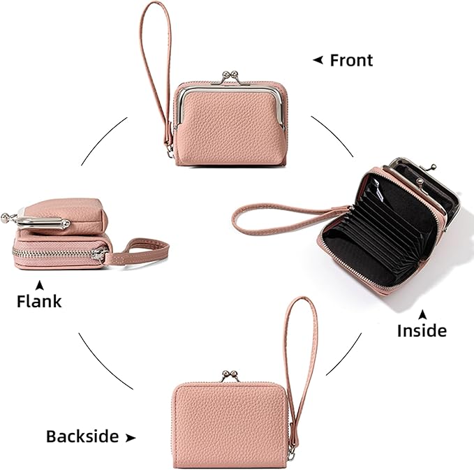 Women's Pebble Leather Wristlet Wallet, 2-in-1 Zip-Around Credit Card Holder with Kiss Lock Coin Purse, Cute Change Purse with Secure Clasp & Card Slots (Dusty Pink, Small)