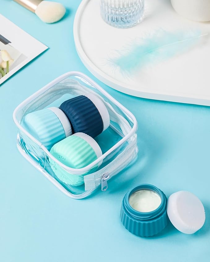 Mrsdry Travel Containers for Toiletries 4 Pack, TSA Approved Travel Size Toiletries, Travel Size Containers, With Clear Bag Leak Proof Silicone Jars, Travel Essentials Creams Jars Carrying Small Items