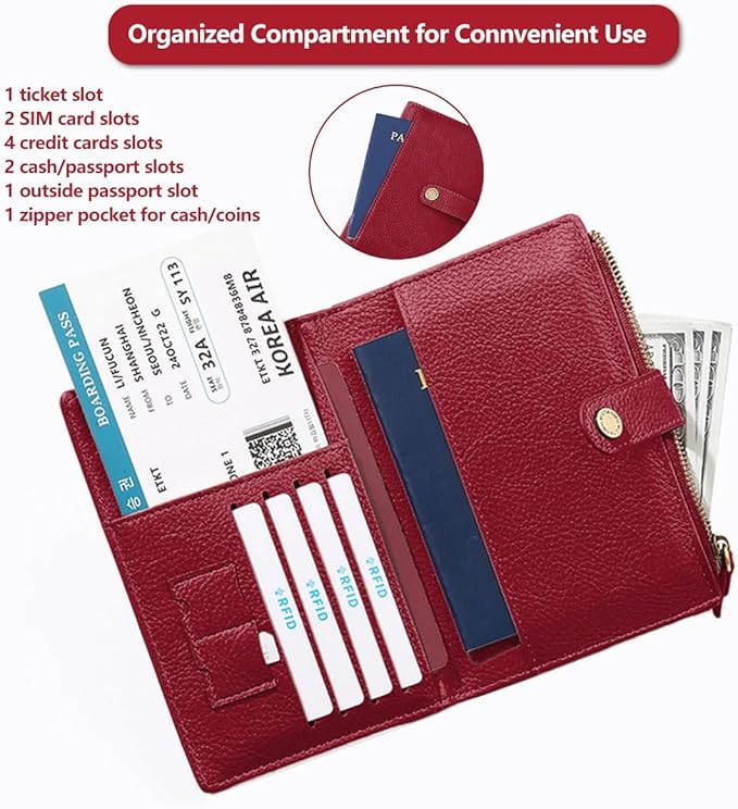 Slim RFID Blocking Passport Holder Wallet,PU Leather Travel Card Organizer,Lightweight Passport Case for Women Men (Red)