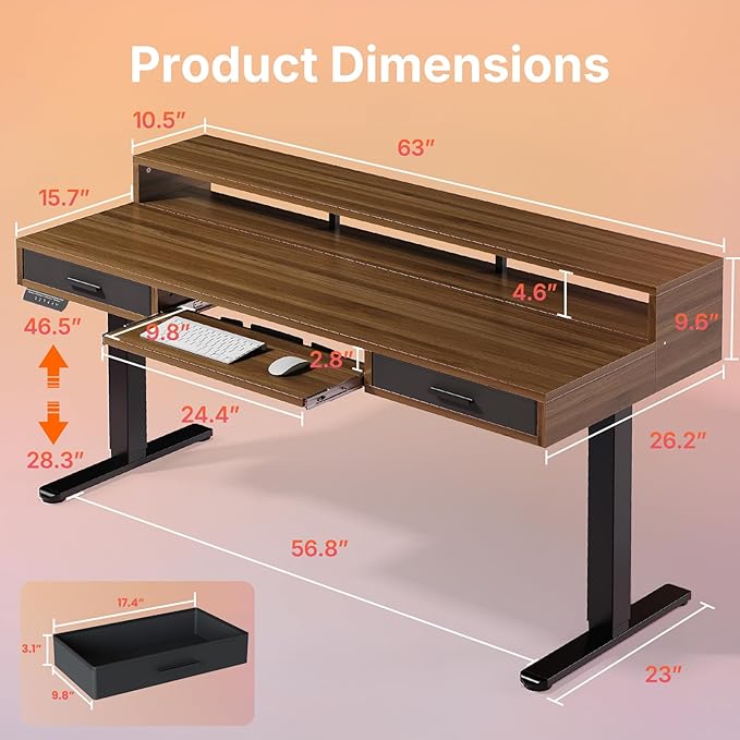 HUANUO 63″ x 26″ Electric Standing Desk with 2 Drawers &24.4″ Large Keyboard Tray, C-Clamp Mount Compatible, Adjustable Computer Desk for Office, Sit Stand Up Desk with 4 Height Presets, Deep Walnut