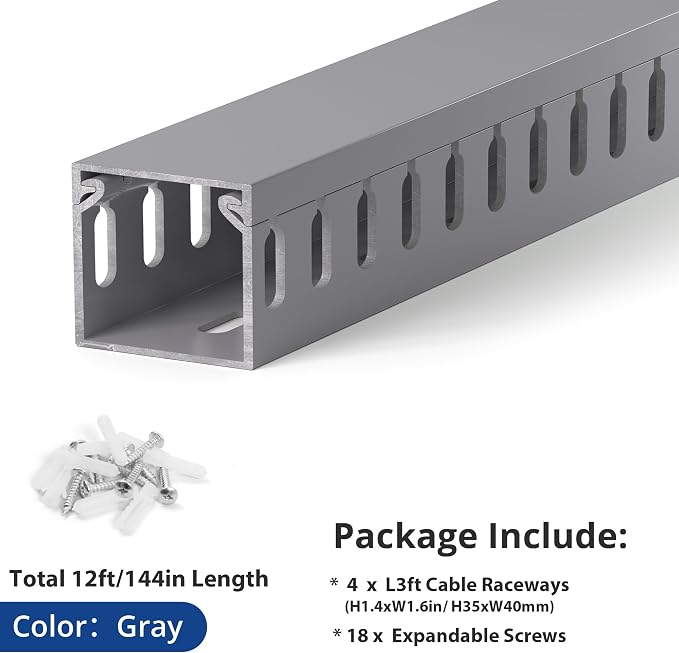 ZhiYo H1.4 W1.6 in Server Rack Cable Management Raceway, 144in (4X L36in) Cable Raceway Kit, Electrically Safe PVC Open Slot Wire Cord Hider for Under Desk/Computer/Network Cords, Gray