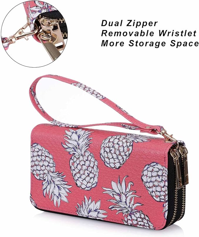 Cellphone Wallet for Women Dual Zipper Long Purse with Removable Wristlet