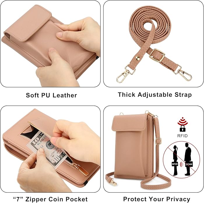DOB SECHS Leather Passport Wallet Crossbody Phone Bag, RFID Blocking Passport Holder Credit Cards Case for Women