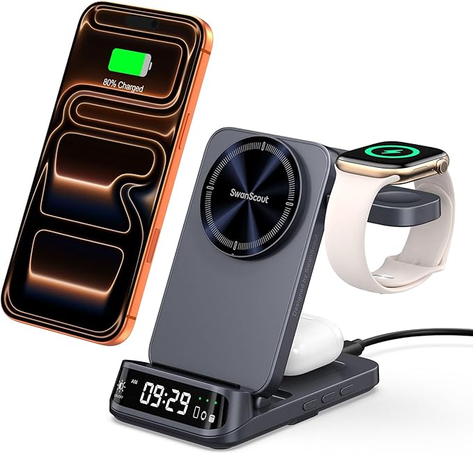 Wireless Charger Stand Compatible with MagSafe, SwanScout 708M, Foldable 3 in 1 Magnetic Wireless Charging Station for iPhone Air/17/16/15 Series, Travel Charger for Apple Watch, AirPods (No Adapter)