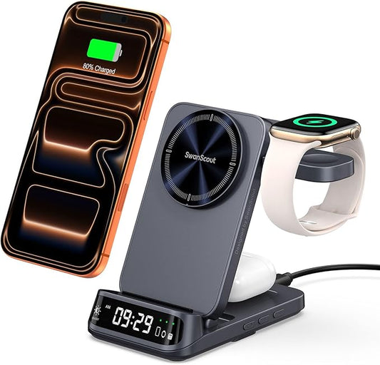 Wireless Charger Stand Compatible with MagSafe, SwanScout 708M, Foldable 3 in 1 Magnetic Wireless Charging Station for iPhone Air/17/16/15 Series, Travel Charger for Apple Watch, AirPods (No Adapter)