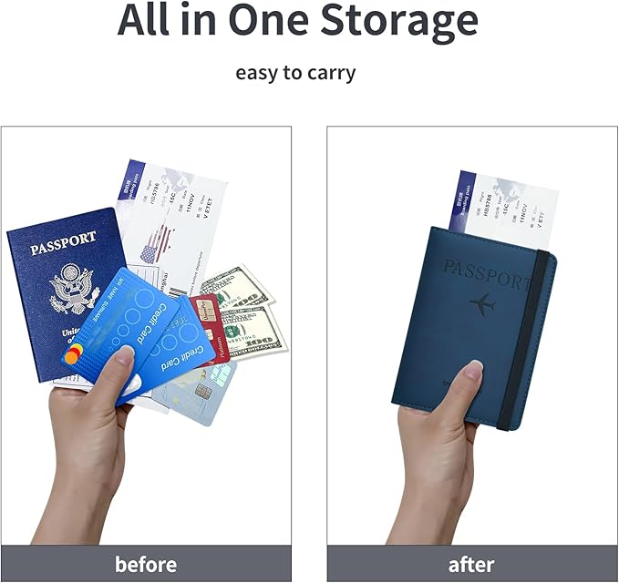Passport Holder, Passport Cover with Credit Card Slot and Boarding Pass Slot Combo, Passport Wallet Case Book Travel Must Have, RFID Blocking Leather Travel Accessories, Navy Blue