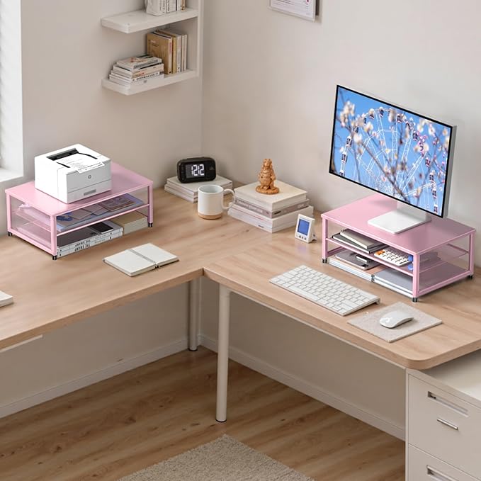 ECOLOVI 2-Tier Computer Monitor Stand Riser, Desk Organizer for Monitor, Printer & Laptop Stand, Desktop Workspace Organizers for Office Supplies(Pink)