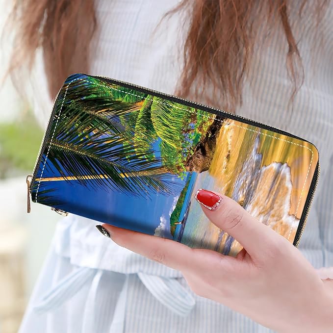 Women's Large Capacity Wallet PU Leather Zip Around Clutch Purse Multifunctional Wallet with Removable Wristlet Strap for Smart Phone/Coin/Card/Cash, Shore Palms Tropical Beach