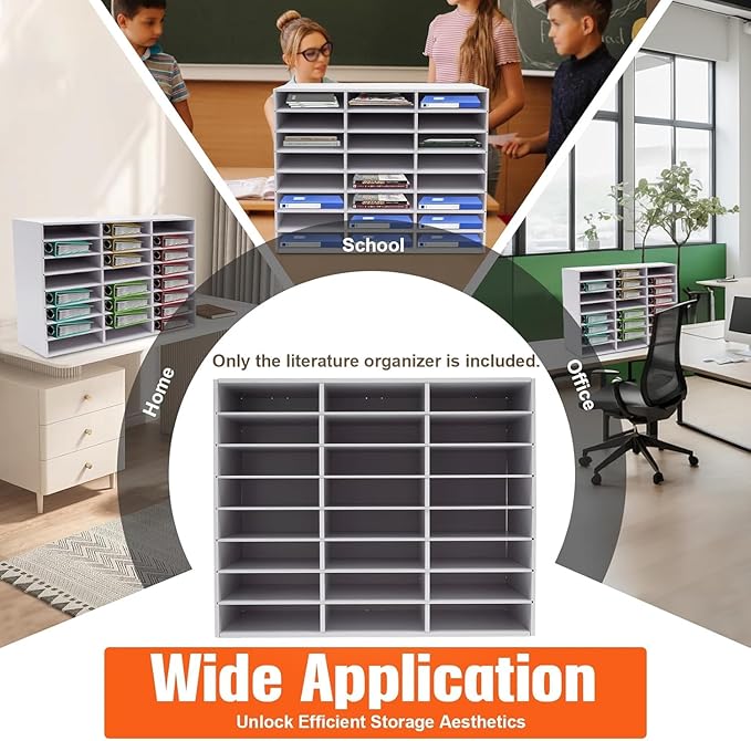 Literature Organizer 24 Slots, Compartments Mail Sorter Organizer, Adjustable Desktop File Organizer with Removable Shelves, Paper Organizer for Home Office School (White, 24 Slots)