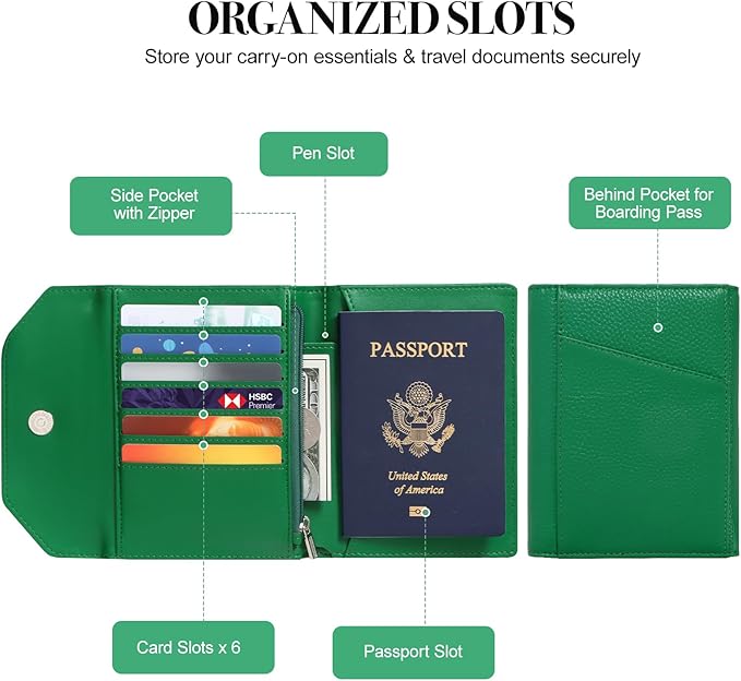 WHHMK Leather Passport Holder for Travel,Rfid Passport Holder Protect Your Card Security,Passport Book Holder for Women,Travel Wallet with Cards & Pen Slots,Boarding Pass,Zipper Cash Pocket(Green)