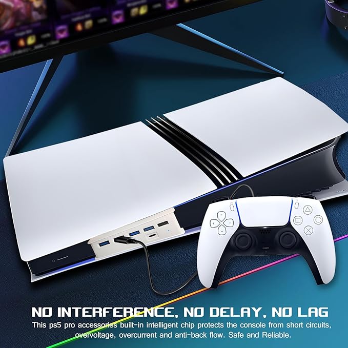6 Port USB Hub for PS5 Pro & PS5 Slim Console Disc/Digital, High-Speed Extra USB Ports for PS5 Slim Pro Accessories, PS5 Hub Charger Splitter Adapter with 4 USB 2.0 + 1 USB Charging Port +1 Type C 3.0