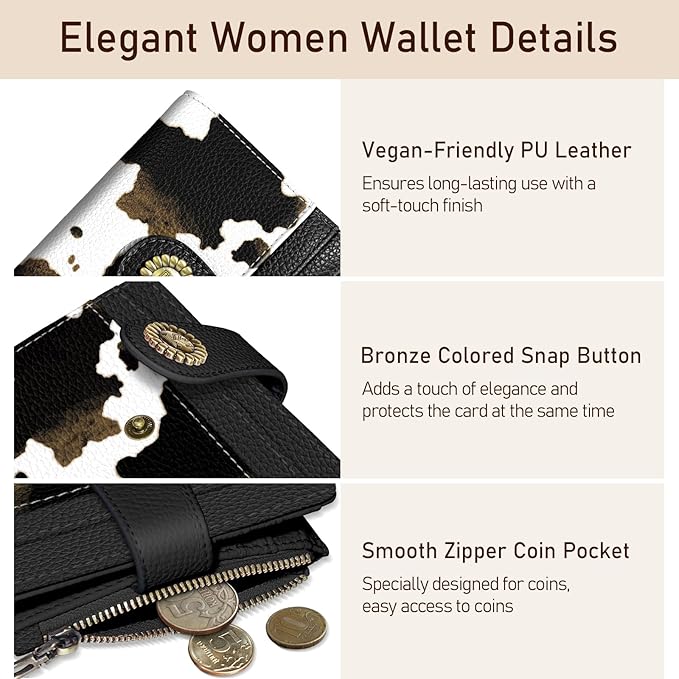 Kelvoris Cow Print Black Small Rfid Women Wallet Bifold Zipper Coin Pocket PU Leather Compact Cash Credit Card Holder Travel Wallet for Female Ladies Teen Girls 1 ID Window 10 Card Slots