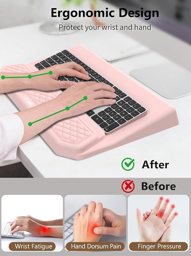 2-in-1 Ergonomic Keyboard Stand with Wrist Rest, Comfy Keyboard Riser Holder with Massage Design, Pink