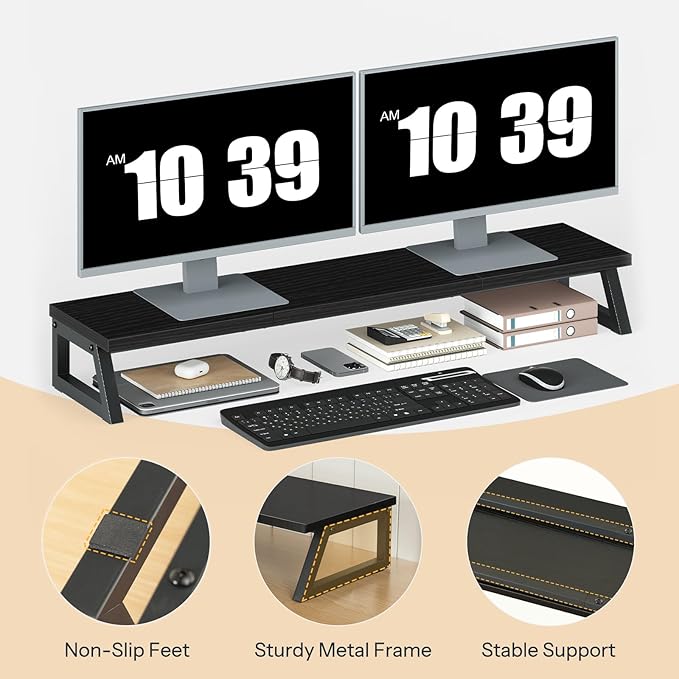 HOOBRO Dual Monitor Stand Riser, 39 Inch Large Computer Monitor Stand for 2 Monitors, Computer Monitor Riser, Desk Shelf Organizer for Office Desk, Accessories, Black BB121CJ01