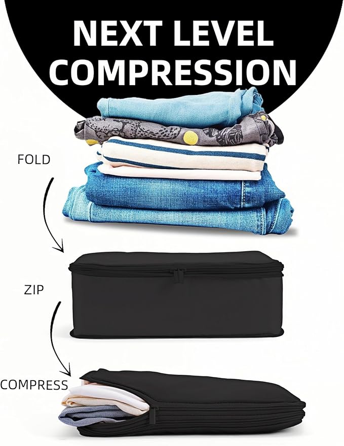 6 Set Compression Packing Cubes for 7–14 Day Travel, Jet Black | Nylon Oxford Fabric, Full Breathable Mesh, Reinforced Double-Zipper, Small to Large Size Bag, Expandable Packing System