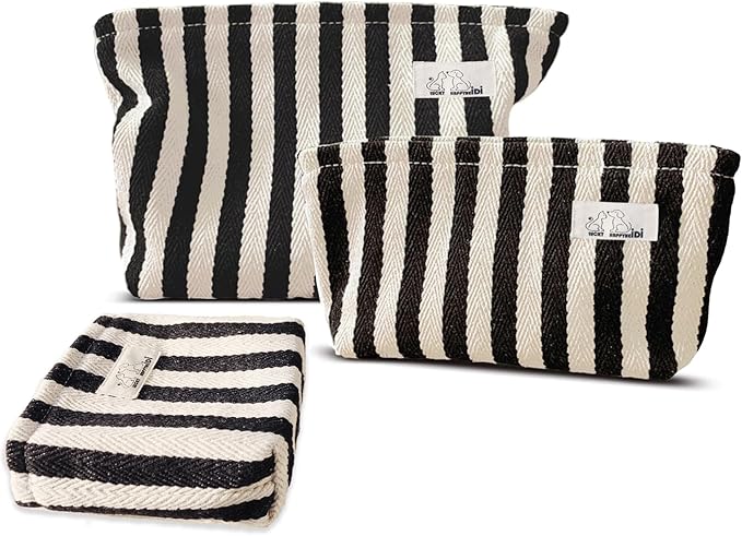 HAPPYHEIDI Black White Stripe Makeup Bag Set 3 with Compartment Cosmetic Toiletry Travel Pouch,Purse Accessory Organizer, 3-Size, Canvas Lined