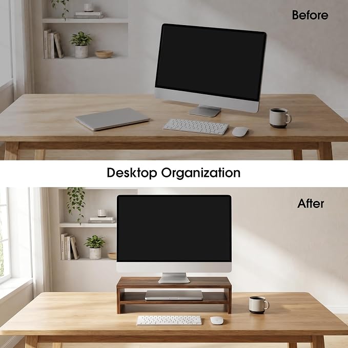 FITUEYES Monitor Stand - 2 Tier Computer Monitor Riser with 21.3 Inch Shelf, Wood Desktop Stand for Laptop Computer Screen, Desk Organization, Office Supplies