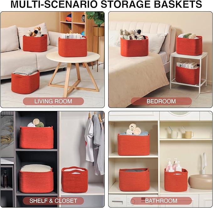 ICERZCZ Storage Baskets for Organizing, Storage Basket for Shelves, Toy Towel Basket for Bathroom Nursery, Woven Cotton Rope Baskets for Decor, 15"x11"x9.5", 3 Packs, Brick Red