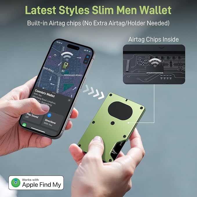 Slim Wallet for Men, Air Wallet Build in Airtag Chip, Smart Wallet Compatible with Apple Find My iOS Only, Minimalist Front Pocket Wallet RFID-Blocking Card Holder with Money Clip (Green)