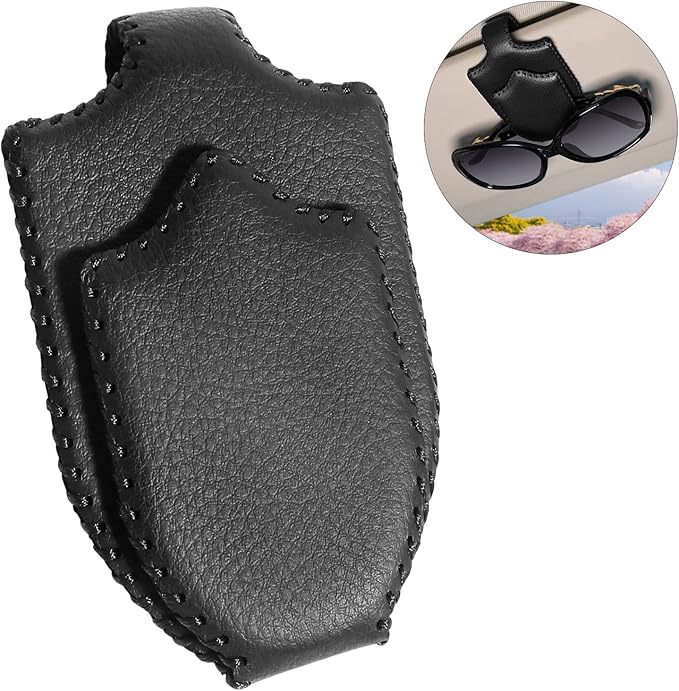 AMVOYOA Sunglass Holder for Car Sun Visor Sunglasses Clip Magnetic Leather Glasses Eyeglass Holder Hand Sewn Leather Ticket Card Clip Eyeglasses Mount- Suitable for Different Size Eyeglasses (Black)