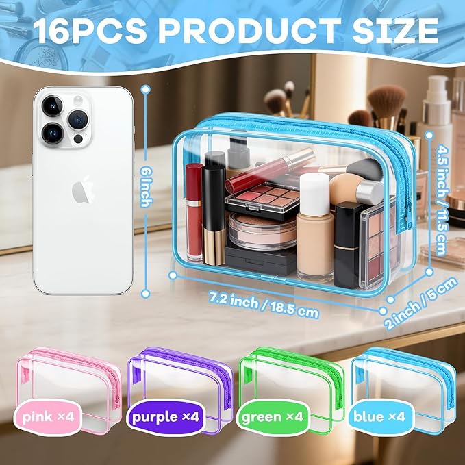 YedsIntu 16 Packs Clear Makeup Bag Bulk, Waterproof Cosmetic Storage Bags, TSA Approved Toiletry Bags PVC Zipper Plastic Pouches for Organizing Travel Bathroom