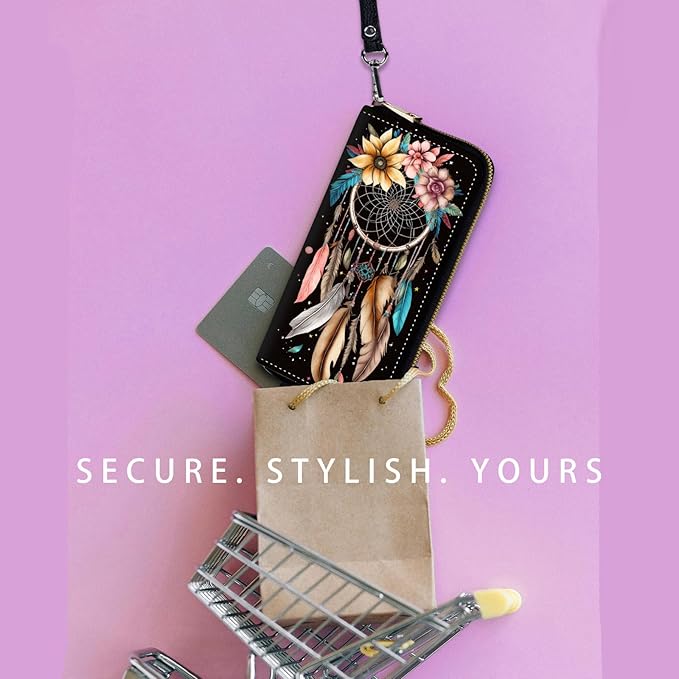 Zip Around Wallets for Women with Detachable Wrist Strap, Large Capacity RFID Blocking Leather Purse Organizer Card Holder Wristlet,Dream Catcher Flower