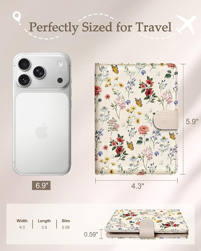 Slohif Passport Wallet Holder Cover for Travel - Women Men RFID Blocking Passport Book Case Protector, Cream Floral Butterfly Leather Personalized Organizer Slim Carrier Boarding Pass Cards Slots