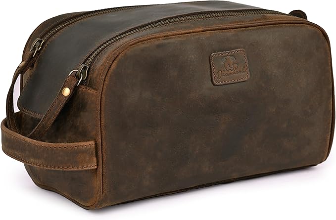King-Size Premium Leather Toiletry Travel Pouch – Handcrafted Vintage Dopp Kit Bag with Waterproof Lining, Spacious Design for Travel Essentials - Brown