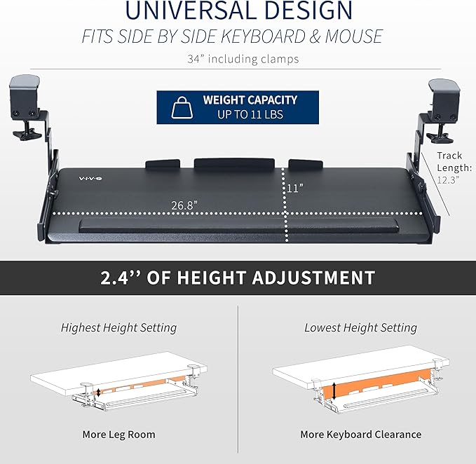 VIVO Premium Large Keyboard Tray with Height Adjustment, Tilt, Extra Sturdy Swivel C-Clamps for Corner Mounting, 27 (34 Including Clamps) x 11 inch Slide-Out Platform, Black, MOUNT-KB05HT