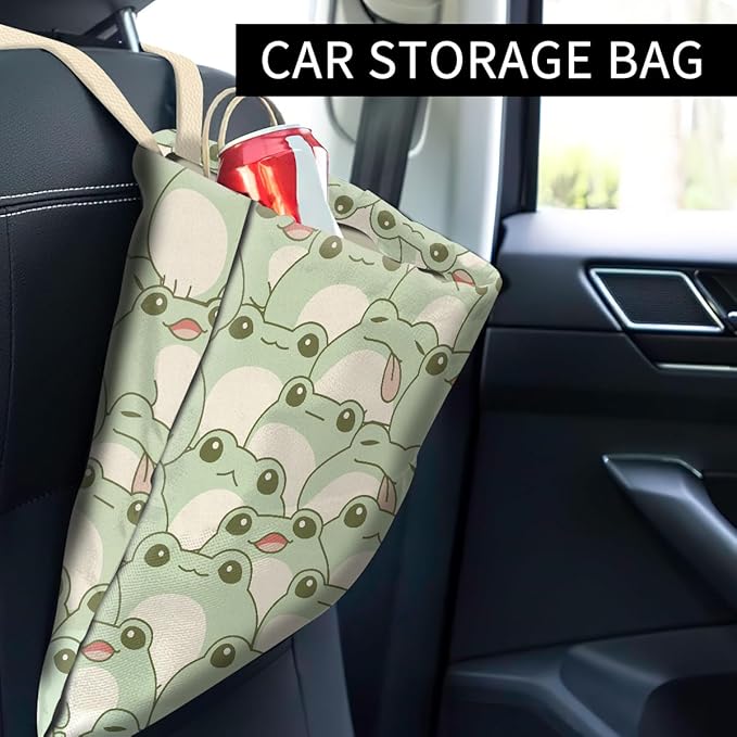 Cute Car Organizer and Storage Bag, Hanging Trash Bin for Vehicle, Travelling, Camping - Cute Green Frog