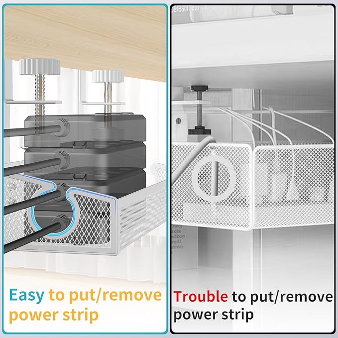 Under Desk Cable Management Tray White, No Drill Desk Cable Management Organizer with Clamp for Desk Wire Management, PC Cord Organizer Accessories & Workspace Organizers for Office, Home(2 Pack)