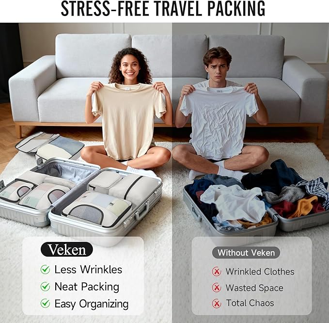 Veken 8 Set Packing Cubes for Travel Essentials, Suitcase Organizer Bags in 4 Sizes, Carry-On Luggage Accessories with Large Laundry & Hanging Toiletry Bag, Must-Have for Airplane, Road Trip & Camping