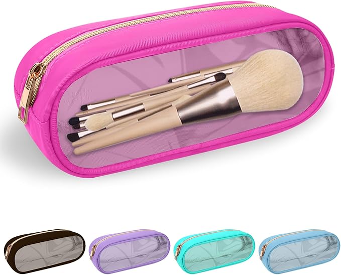 Nylon Small Clear Makeup Bag Slim Pencil Pouch, Cute Pencil Case Makeup Bag Preppy Cosmetic Zipper Pouch for Purse,Travel PVC Toiletry Bag Clutch Coin Pouch Makeup Organizer for Women Girls(Hot Pink)