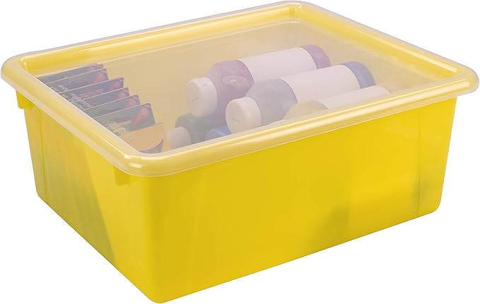 Storex Letter Size Deep Storage Tray – Organizer Bin with Non-Snap Lid for Classroom, Office and Home, Yellow, 5-Pack (62546A05C)