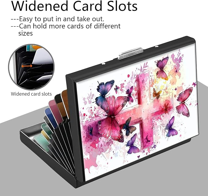 Credit Card Holder Butterfly Christian Cross Design Mini RFID Blocking Aluminum Wallet Slim Metal Hard Cover Shell Travel Wallet ID Cases Small Credit Cards Case Business Cards for Women Men Girls