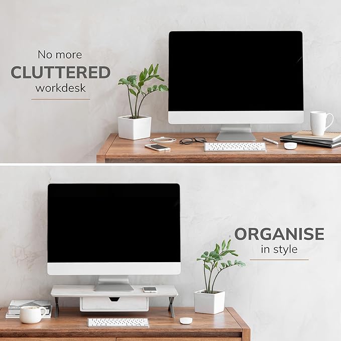 Anji Mountain Monitor Stand - Desktop Organizer & Laptop Riser, Ergonomic Monitor Riser, Space-Saving Monitor Stand for Desk, Durable Construction, Easy Assembly, Ideal for Home & Office,White Wash
