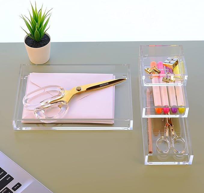 Clear Acrylic Desk Organizer for Office or Home Desk Drawer Dividers, Makeup Vanity Storage Bins, Stackable 4-Pack, Acrylic Accessory and Half Accessory Tray/Small Tray