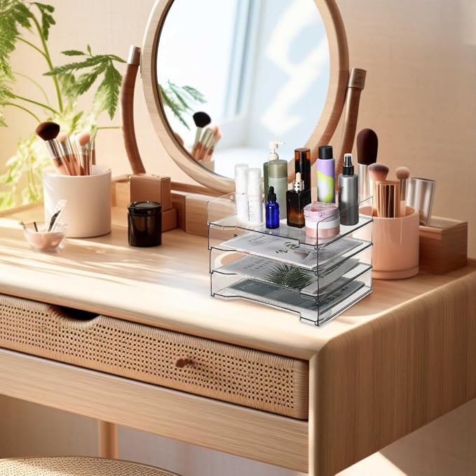 DoubleFill 12 Pcs Stackable Letter Tray Rectangular Plastic Desk Organizer 13 x 9.5 x 2.6 in Paper Holder File Tray Accessories Rack for Desktop Office Desk Drawers (Clear)