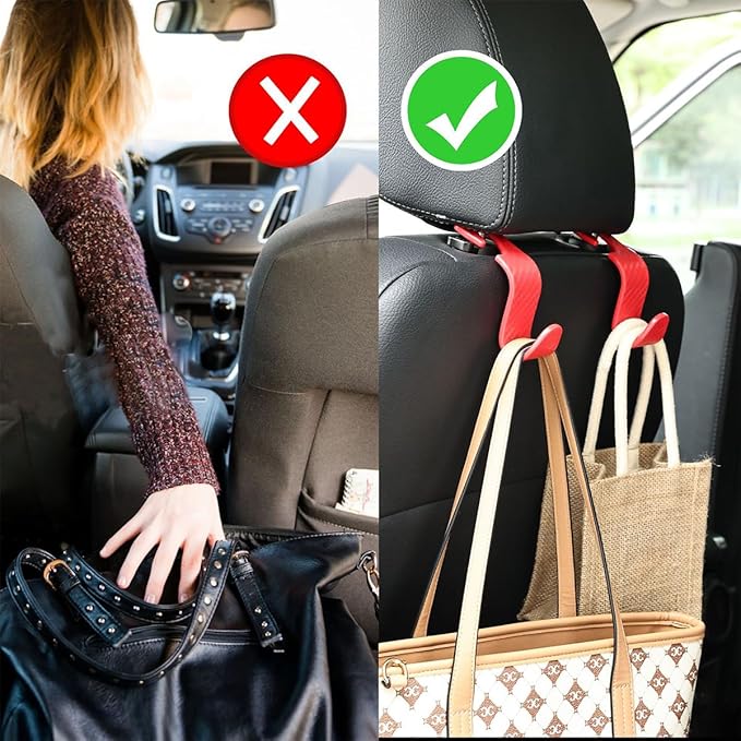 Osilly Car Seat Headrest Hook, 4 Pack Auto Seat Hanger Storage Organizer for Purse Handbag Coats Grocery Bags, Car Interior Accessories, Universal Vehicle Backseat Plastic Hanging Hook (Red)