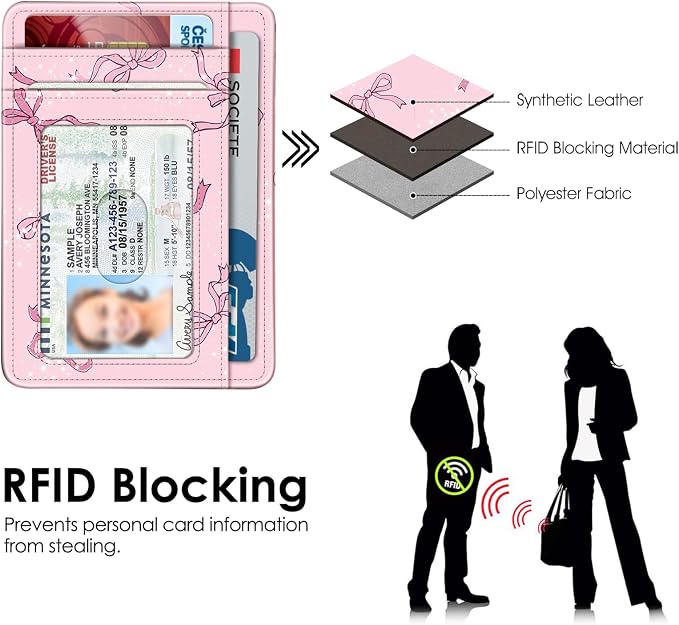 FINTIE Slim Minimalist Front Pocket Wallet, RFID Blocking Credit Card Holder Card Cases with ID Window for Men Women (Pink Bow)