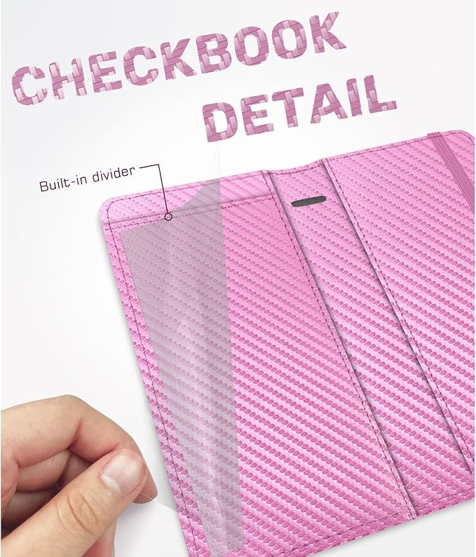 Checkbook Cover for Men Women, Premium Leather Checkbook Holder with RFID Blocking and Built in Clear Plastic Divider for Personal and Business Checks (Pink Carbon)