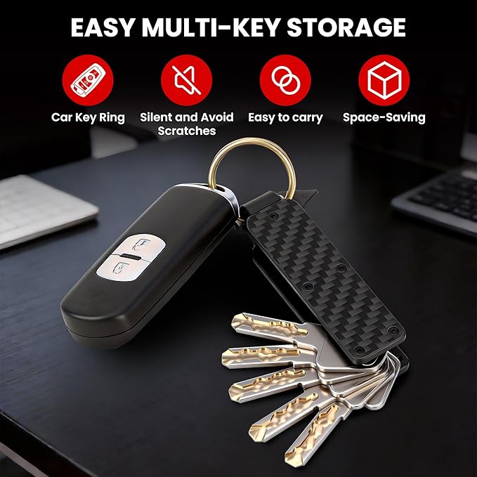 Key Organizer – Minimalist Metal Key Holder for 1-5 Keys, Compact Keychain with Clip, Noiseless & Sleek Design for Men and Women (Carbon Fiber)