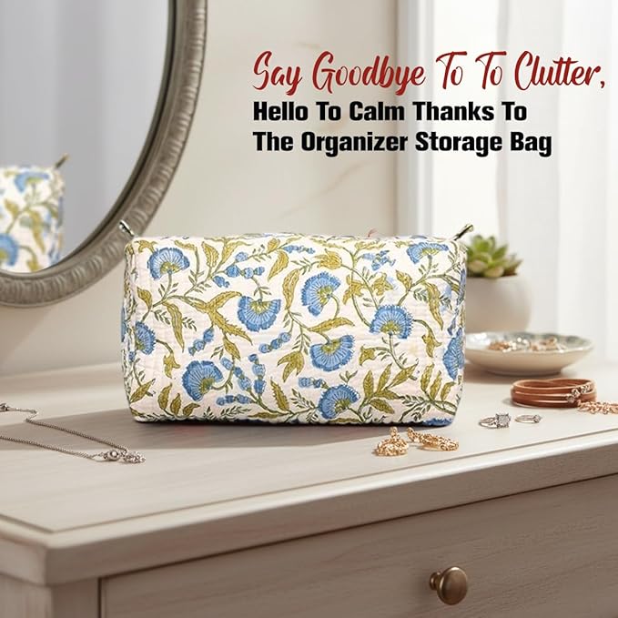 Cotton Hand Block Floral Print Toiletry Bag For Women Make Up Cosmetic Bag Jewelry Organizer Kit Storage Bag Case Travel Accessories Essential Toiletries Purse Open Pouch (White 2, Set of 1)